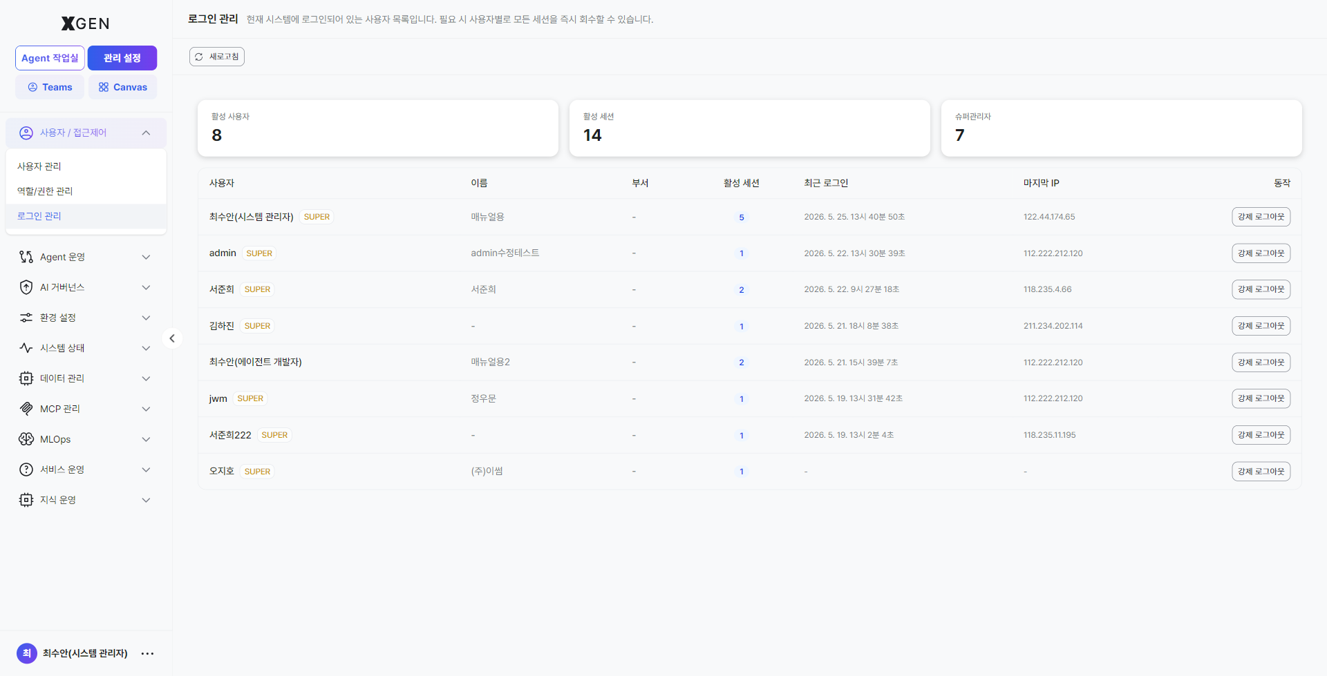 로그인 관리 — 활성 사용자·활성 세션·슈퍼관리자 카운트 카드와 사용자별 세션 테이블, 행별 강제 로그아웃 버튼