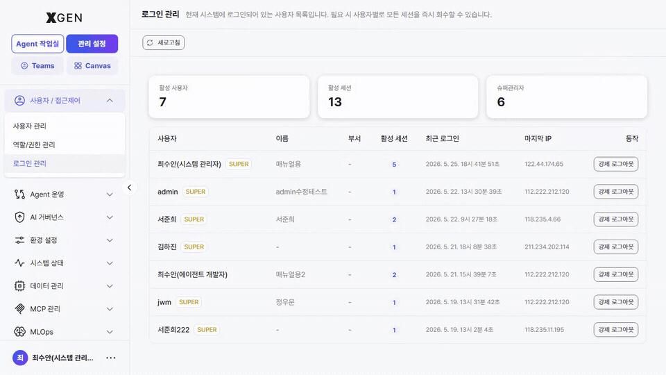 로그인 관리 목록에서 사용자 행 우측의 *강제 로그아웃* 버튼을 클릭하는 흐름