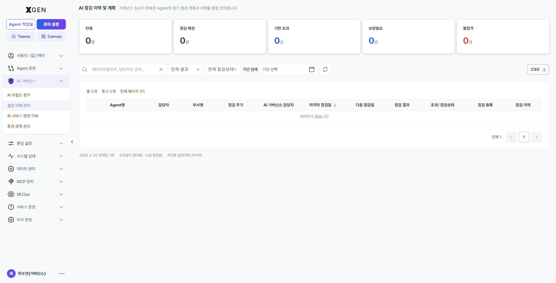 AI 점검 이력 및 계획 — 상단 5종 stat 카드, 검색·필터, 점검 대상 테이블