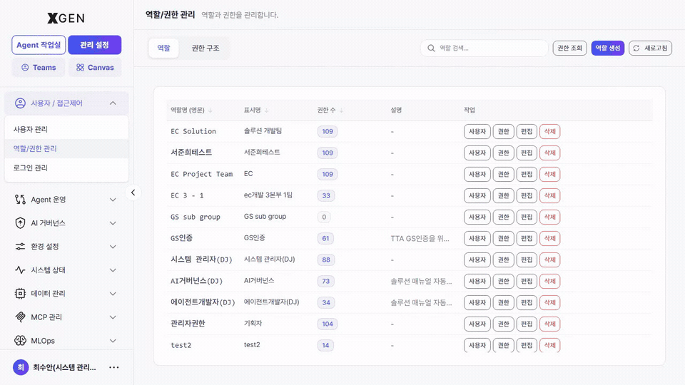 사용자 관리 모달 — 역할 행의 *사용자* 버튼 클릭 → 모달이 열리고 상단 칩 영역에 현재 할당된 사용자, 하단 사용 가능한 사용자 목록에서 *+ 추가* 로 다중 할당하는 흐름