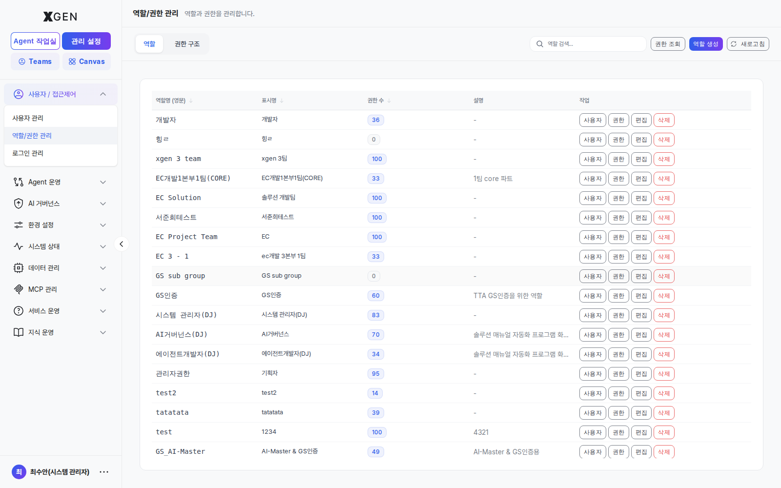 역할/권한 관리 — 역할 탭. 등록된 역할 목록과 각 역할에 할당된 사용자 수