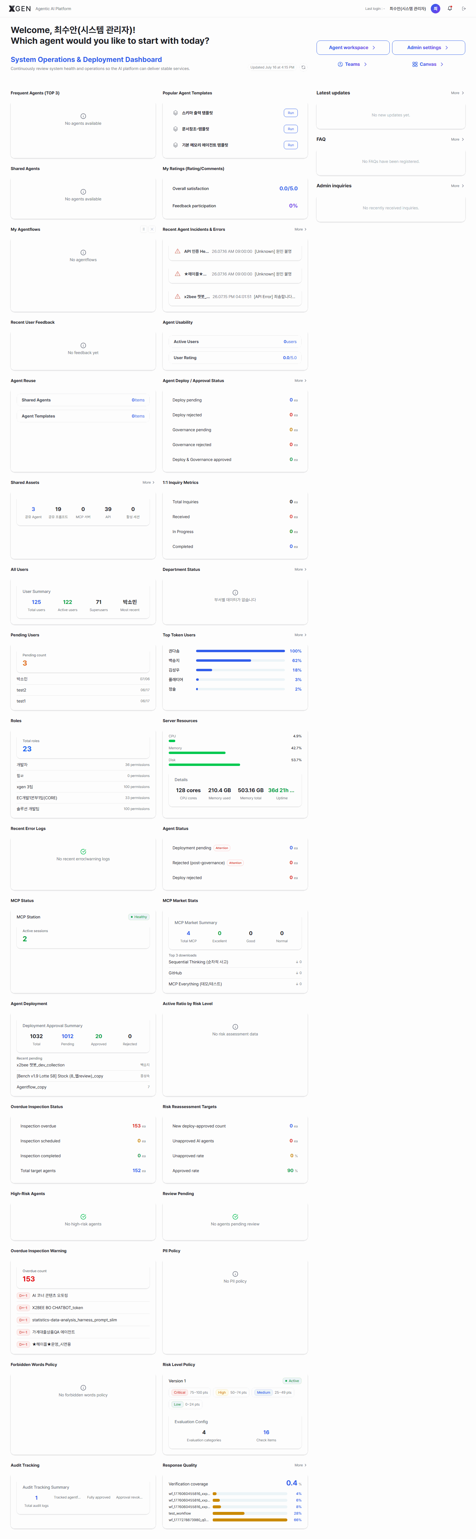 /dashboard (full scroll) as seen by the System Administrator account — "System Operations & Deployment Dashboard" subtitle with operations widgets (Agent Deployment/Approval Status, Recent User Feedback, Shared Assets, Total User Status, MCP Station, Cost Status) added to the common widgets